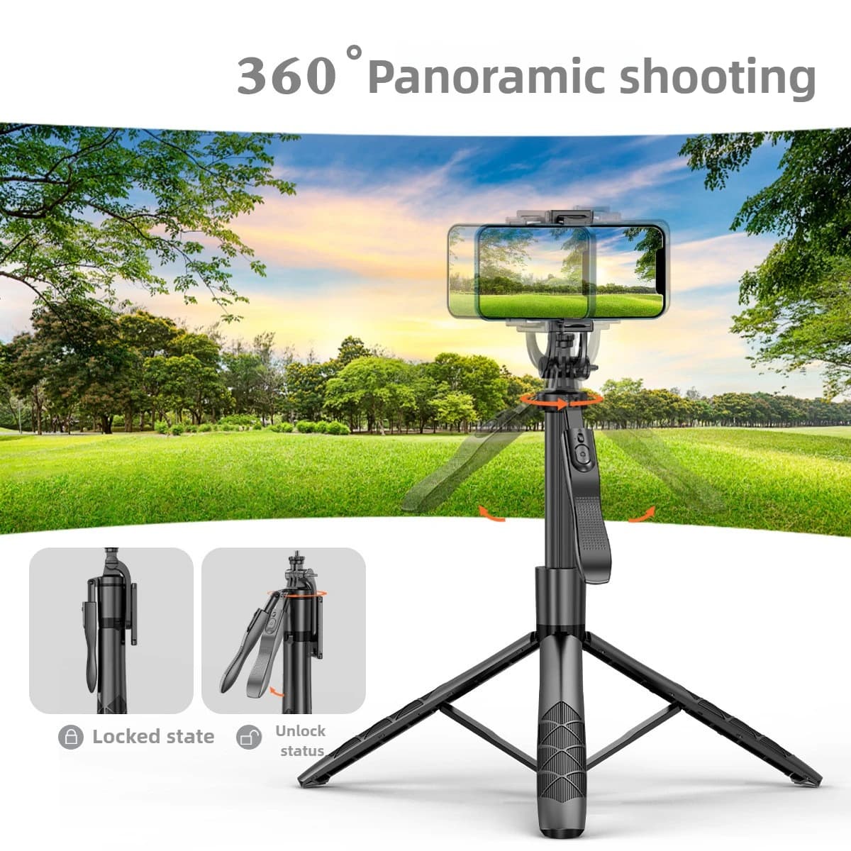Treppiede per selfie stick da 1,55 m con supporto panoramico per testa a sfera con telecomando per stabilizzatore per selfie stick per smartphone iOS Android