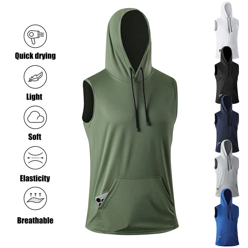 Gilet sportivo estivo con cappuccio da uomo, per corsa e allenamento, ampio, traspirante, ad asciugatura rapida, canotta senza maniche da uomo per fitness ed escursioni