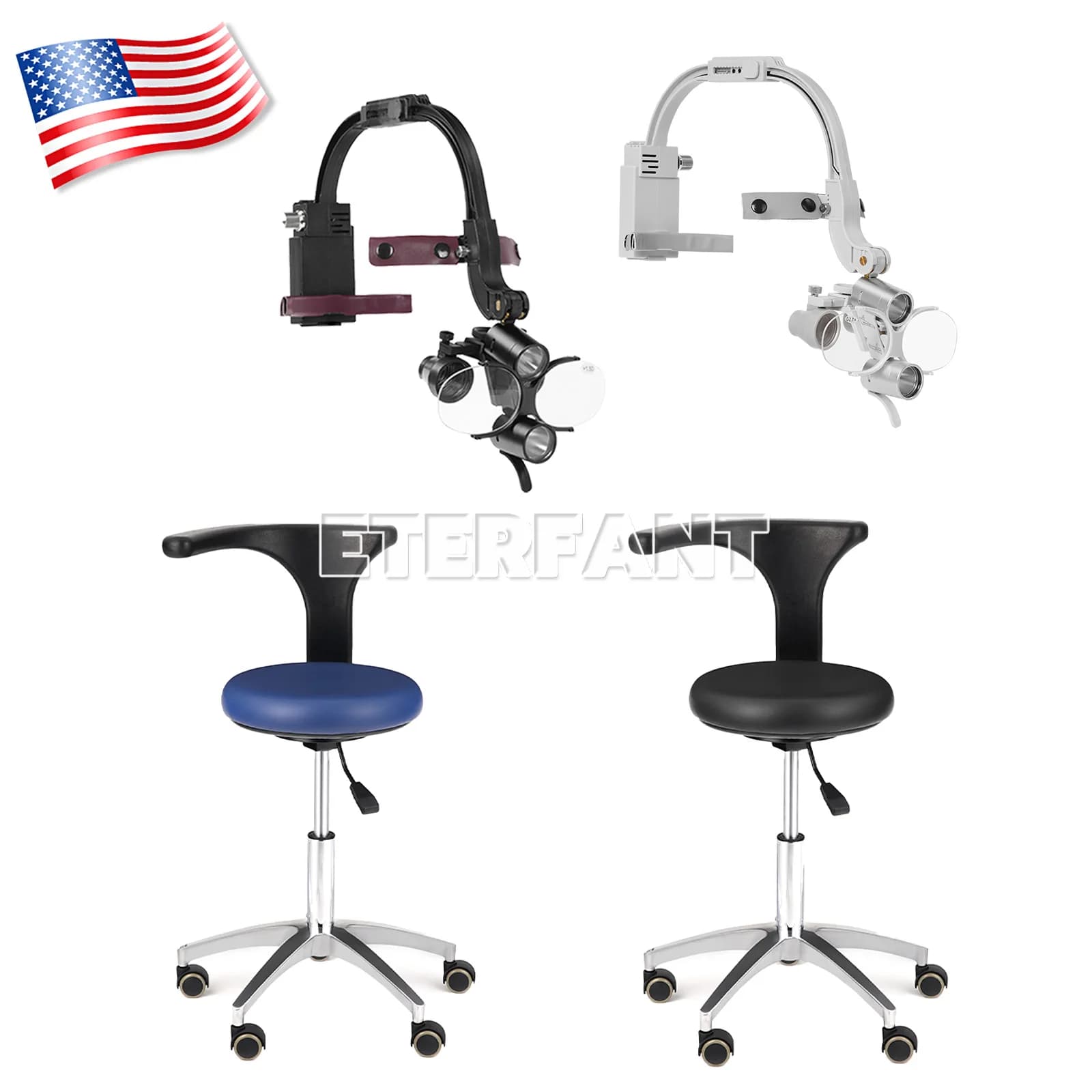 Occhiali Binoculari Chirurgici Dentali 3.5X con Luce Frontale LED 5W 2 LED/Sgabello per Assistente Medico Sedia Mobile Regolabile Blu/Nero