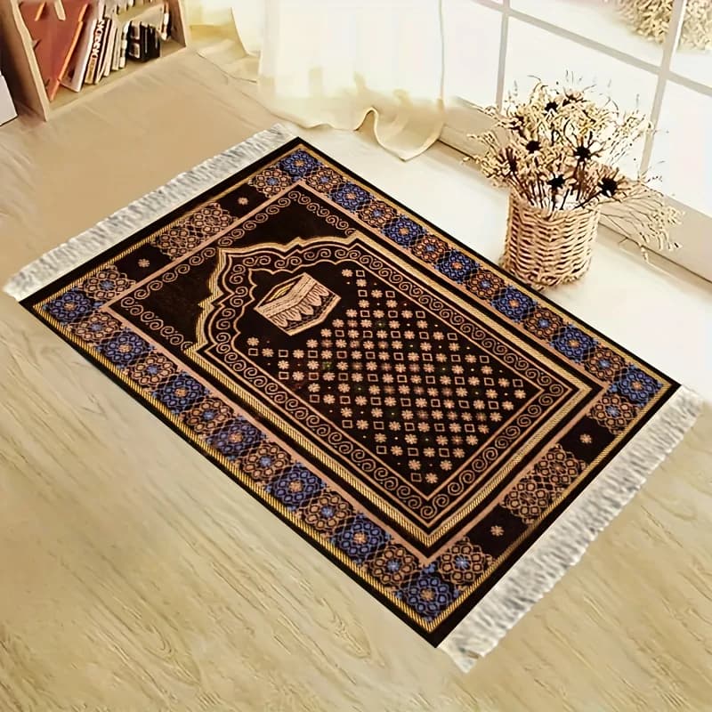 Tappeto da Preghiera VIKAMA Nero e Oro, Tappetino Musulmano Portatile per Camera da Letto, Soggiorno, Viaggio, Facile da Pulire, Decorazione Islamica