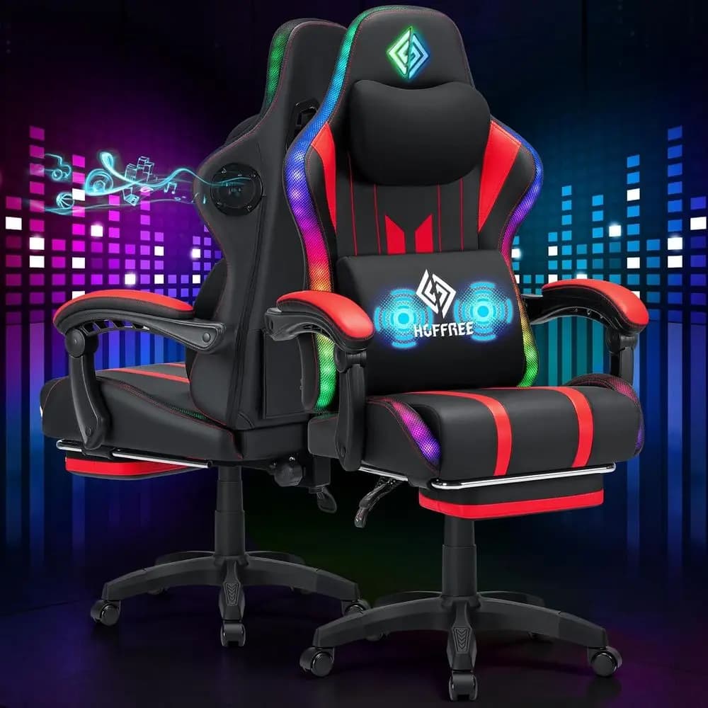 Ergonomic Gaming Chair with Rhythm RGB Lights, Bluetooth Speakers, Massage, Lumbar Support, and Footrest - Red and Black