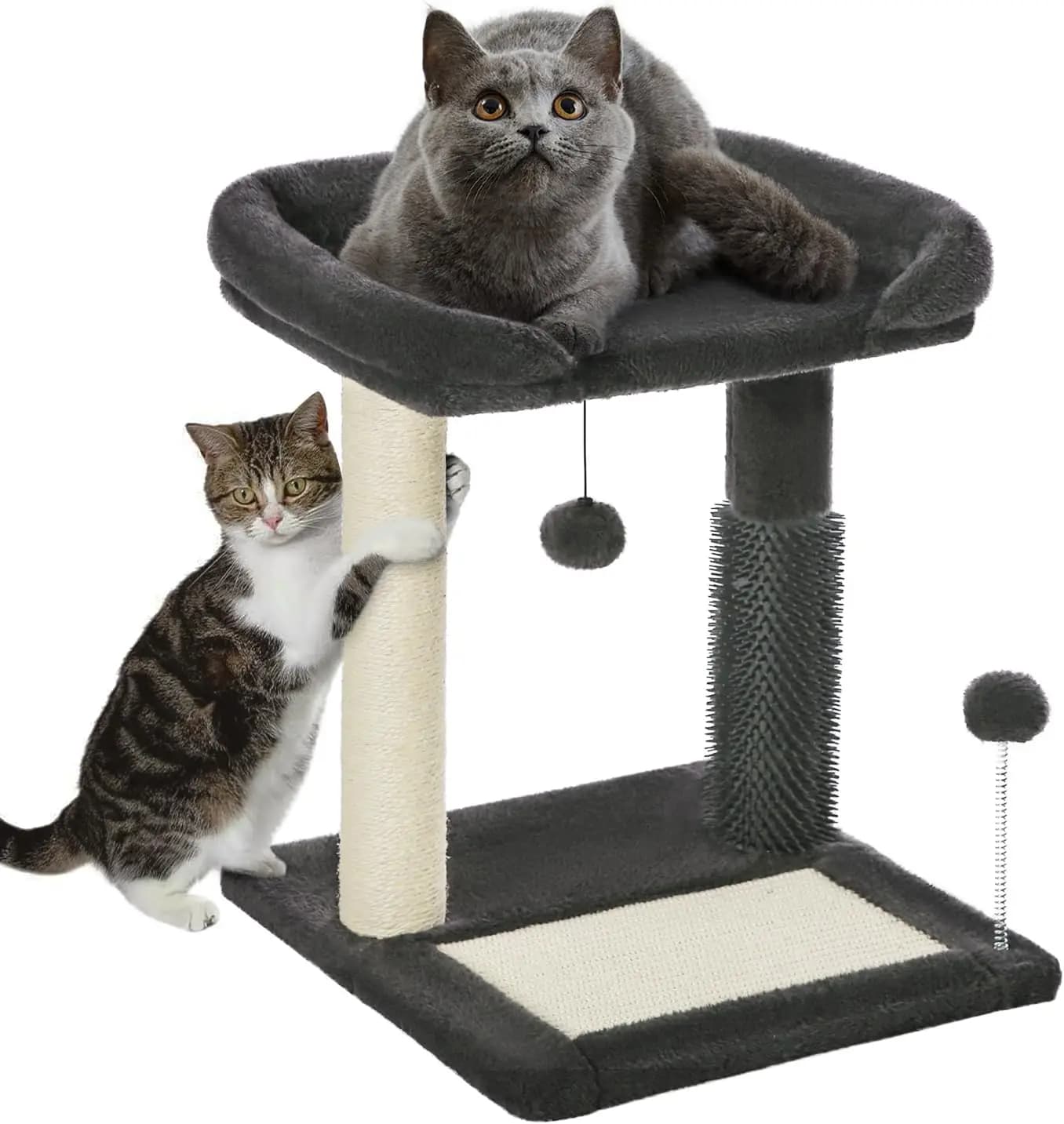Torre Tiragraffi per Gatti Piccola con Postazione per la Toelettatura, Cuccia Morbida e Palla Pendente per Gattini da Interno, Grigio Scuro