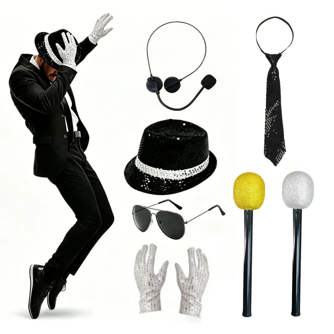 Michael Jackson Costume Accessories Set Sequins Hat Gloves Tie Sunglasses Microphone Headset for Halloween Cosplay Party