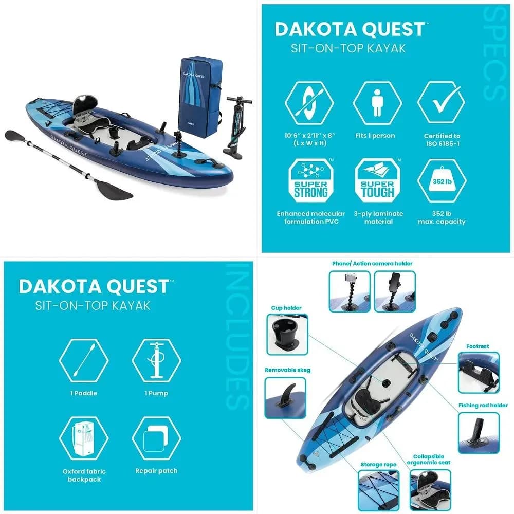 68245EP 10.5ft Dakota Quest SitOnTop Inflatable Kayak, Kayak Folds into Backpack, 352lbs Capacity, Hand Air Pump, Paddle, Phone