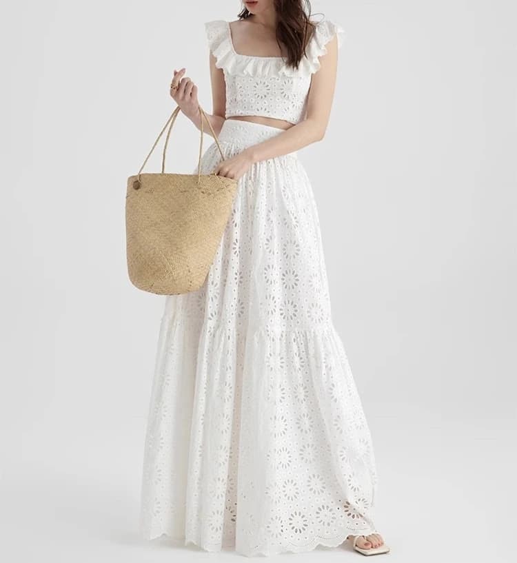 White Floral Embroidery Cropped Tops and Stretch Waist Skirt Summer Sleeveless Two Piece Sets Women Streetwear Skirts Sets