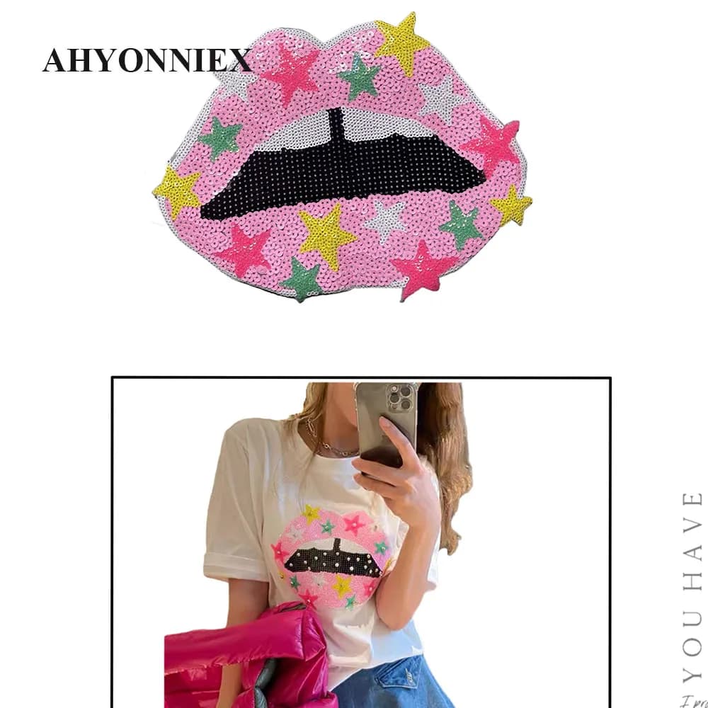 18CM X 23.5CM rosa stella bocca 3D ferro su paillettes Patch vestiti Applique fai da te per abbigliamento t-shirt giacca