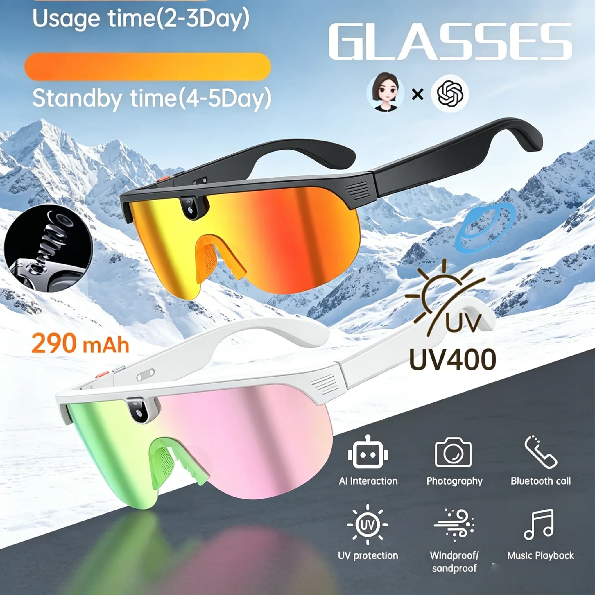 AI Smart Glasses 8MP Pixel 1080P Camera Video Outdoor Cycling Skiing Hiking Sport Sunglasses Recording Translation Call Glasses