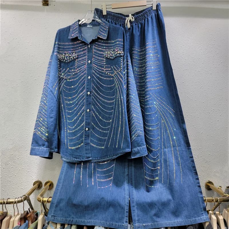 Foratura Strass Camicia di jeans Diamanti stellati Jeans Camicette Cardigan da cowboy Top + Gambe larghe Pantaloni in denim di cristallo Jeans Set da 2 pezzi