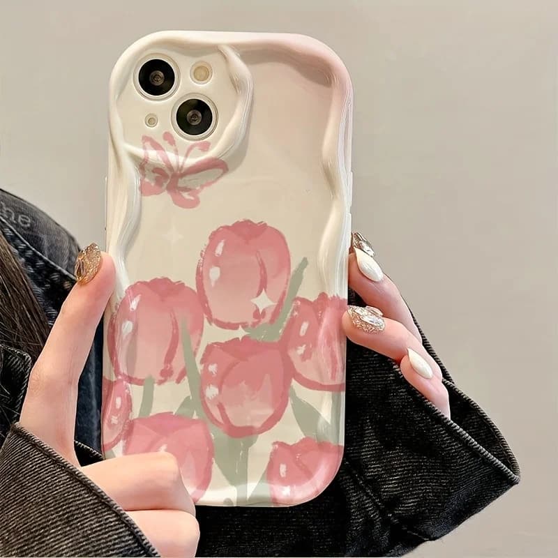 Custodia per telefono con motivo a farfalle e tulipani rosa, adatta per iPhone 17 16 15 14 13 12 11 Pro/Max/Plus, anti-caduta e anti-urto