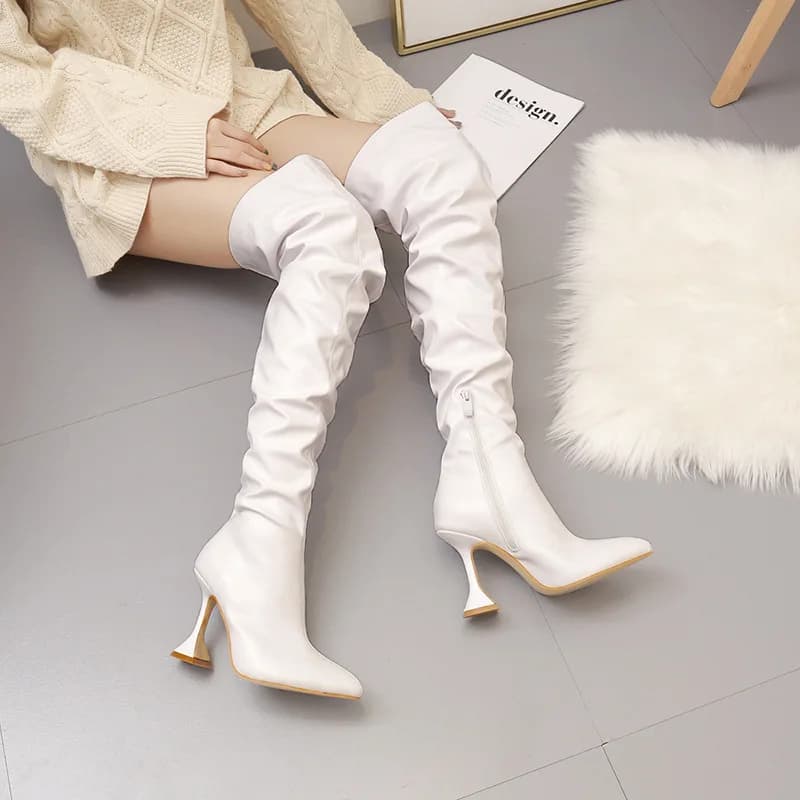 Plus Size Autumn Winter New Women's High Heel Pointed Toe Over the Knee Boots for Slimming Legs Long Boots with Wine Glass Heel