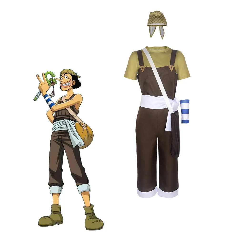 Usopp Cosplay Costume Wig Brown Rompers Uniform T-shirt Scarf Full Set Adult Man Carnival Halloween Suit