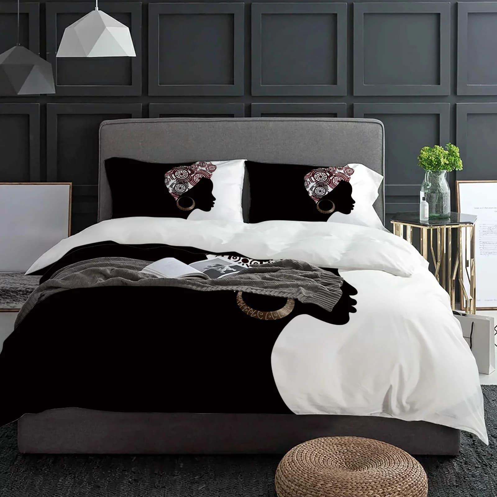 Black Woman Black White Bed linen set 3 pieces Boys Girls Copripiumino Federa Children Cushion for adults Set double bed Textiles for the house