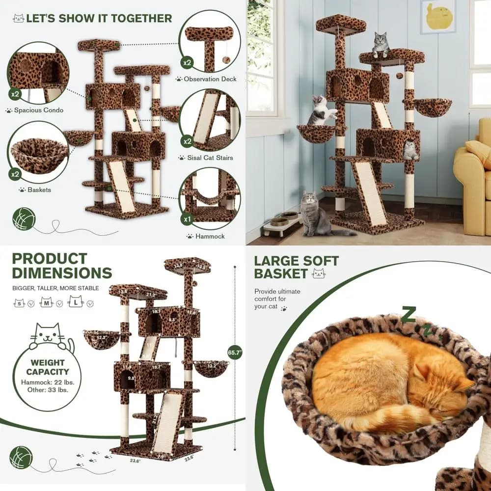 66 grande torre per albero per gatti da interni con livelli multipli, posatoi in peluche, pali in sisal, amaca, cestini, casetta da gioco e stampa leopardata