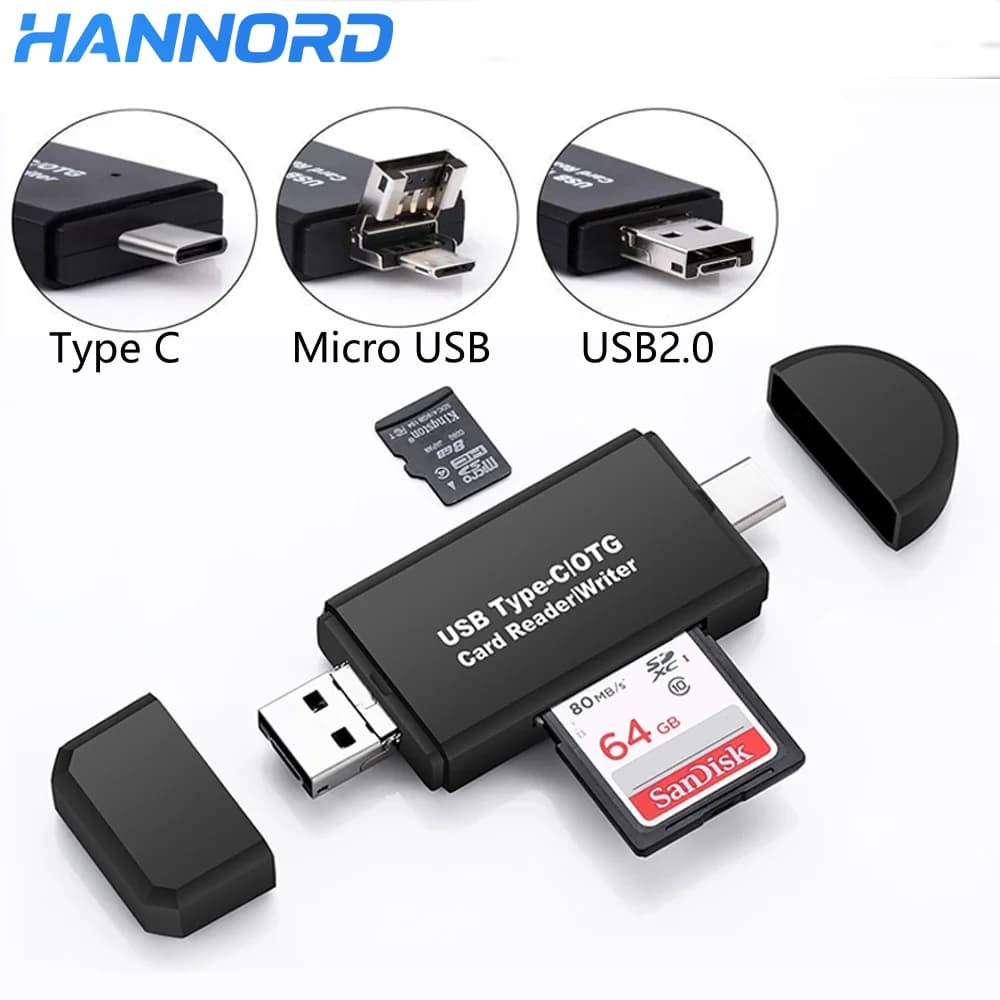 Hannord OTG 3 in 1 USB 3.0 Tipo C Lettore di schede Micro USB a SD Micro SD TF per PC Accessori per laptop Lettore di schede di memoria intelligente