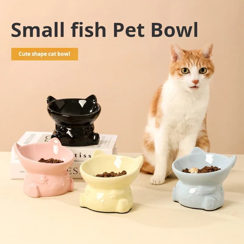 Ciotola per cibo per gatti in ceramica ciotola per cani ciotola per acqua gatto carino piccolo pesce forniture protezione colonna vertebrale cervicale doppia ciotola per animali domestici