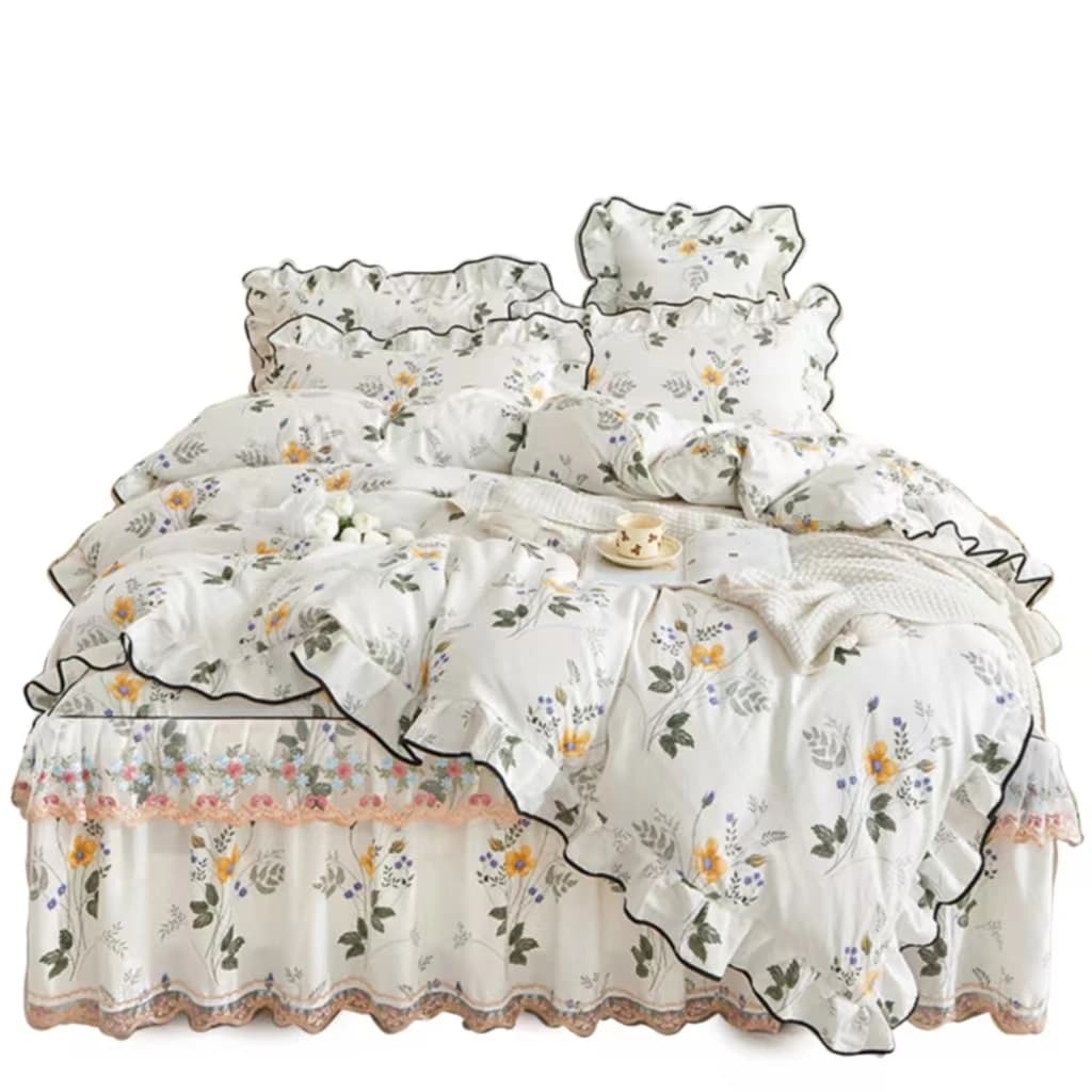 Pizzo in twill morbido e traspirante da principessa in cotone premium 1,8 * 2,2 m Copripiumino con gonna da letto in quattro pezzi