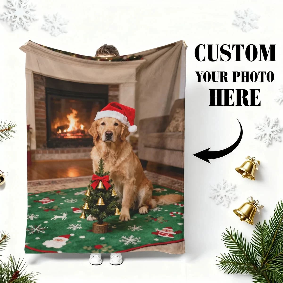 Christmas Custom DIY Personalized Pet Cat and Dog Photo Flannel Blanket - Customized Warm Photo + Christmas Elements, Soft, Warm