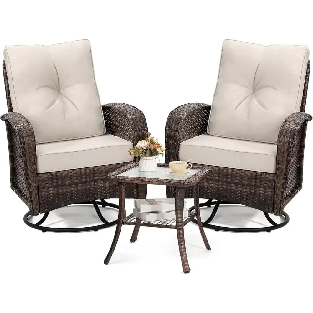 Luxury Outdoor Swivel Wicker Glider Patio Chairs with Table Set | Overstued Washable Cushions, Ideal or Porch, Balcony, Deck