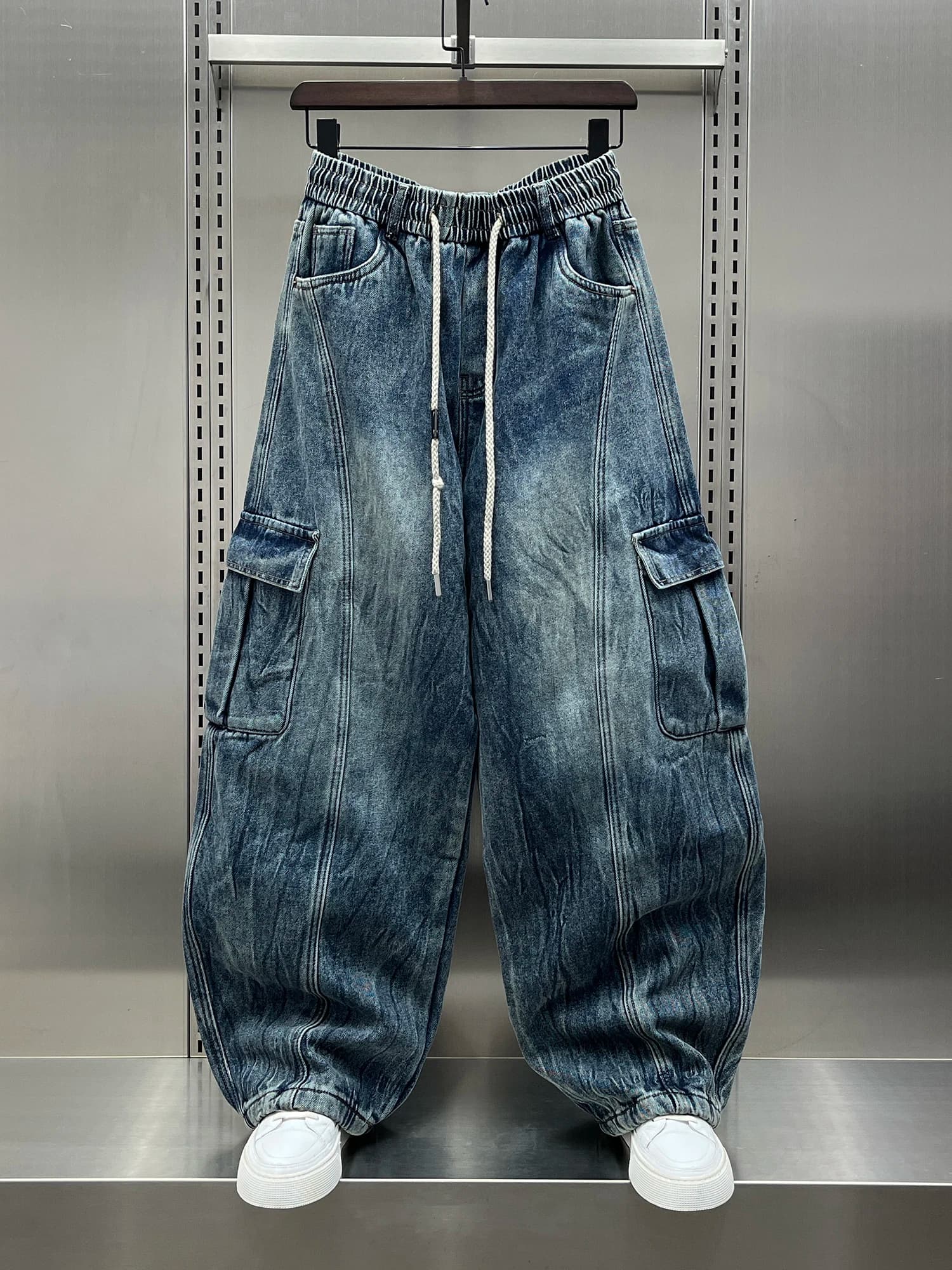 Trendy Fleece Lined Workwear Denim Jeans Men's Thick Wide Leg Pants Autumn Winter New Style Casual Comfortable Loose Fit Jeans