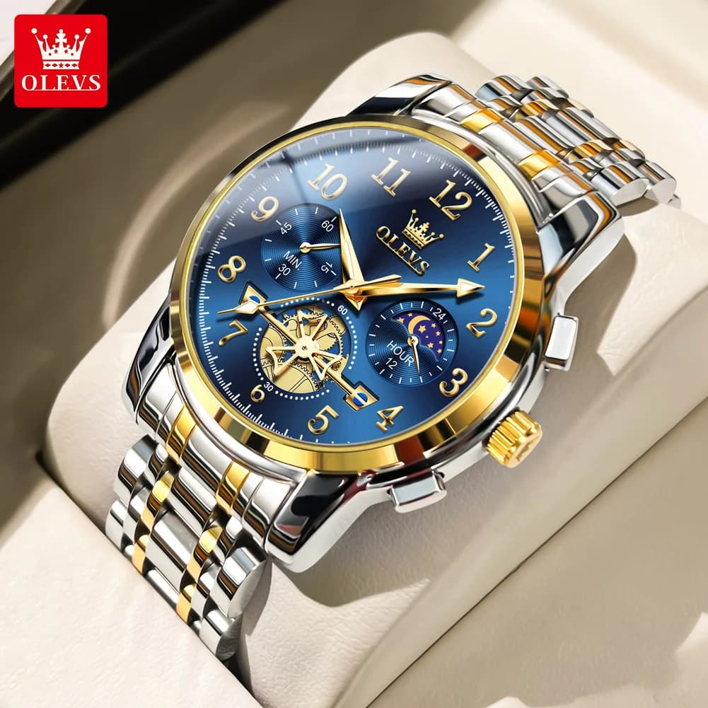 Orologio OLEVS 2900 con movimento al quarzo originale, scheletrato, con quadrante a fasi lunari, luminoso HD, impermeabile fino a 30 m, per uomo