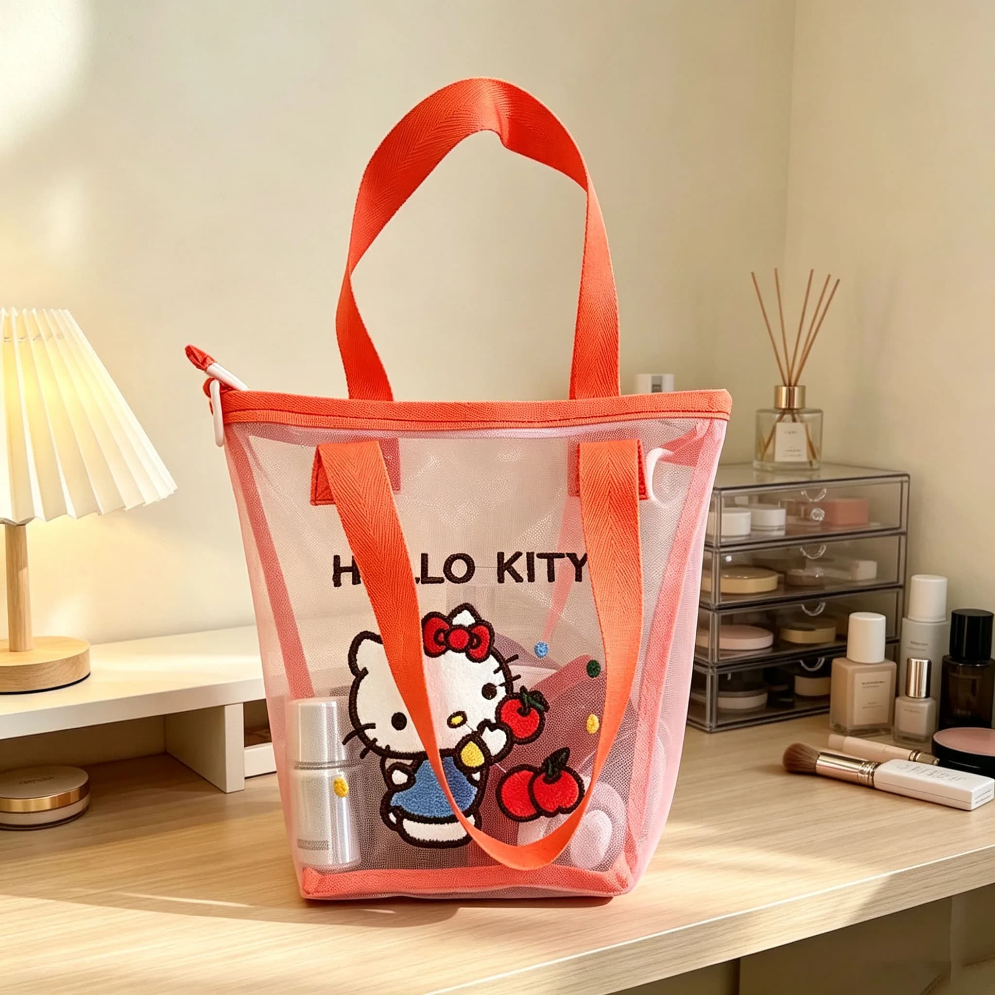 Hello Kitty Cartoon Handbag Large Capacity Makeup Bag with Makeup Storage Breathable Mesh Storage Bag