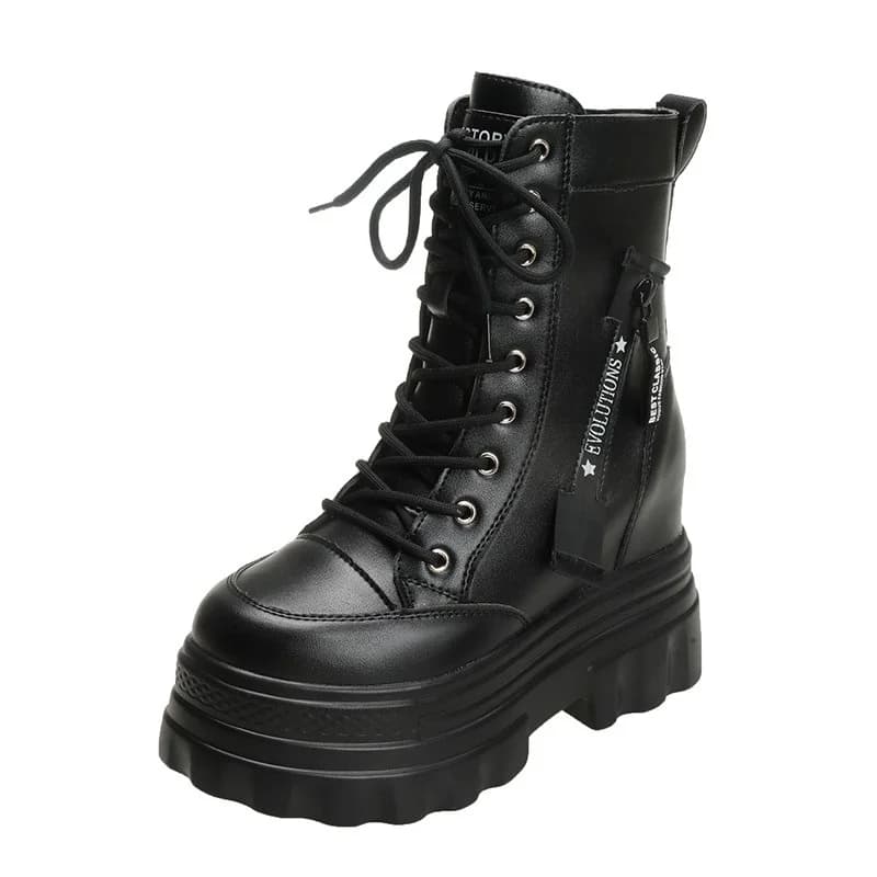 Stivali da donna Nuovi stivali da moto invernali 9.5CM Tacchi con zeppa Scarpe robuste in pelle con plateau alto Donna Autunno Stivali punk con suola spessa