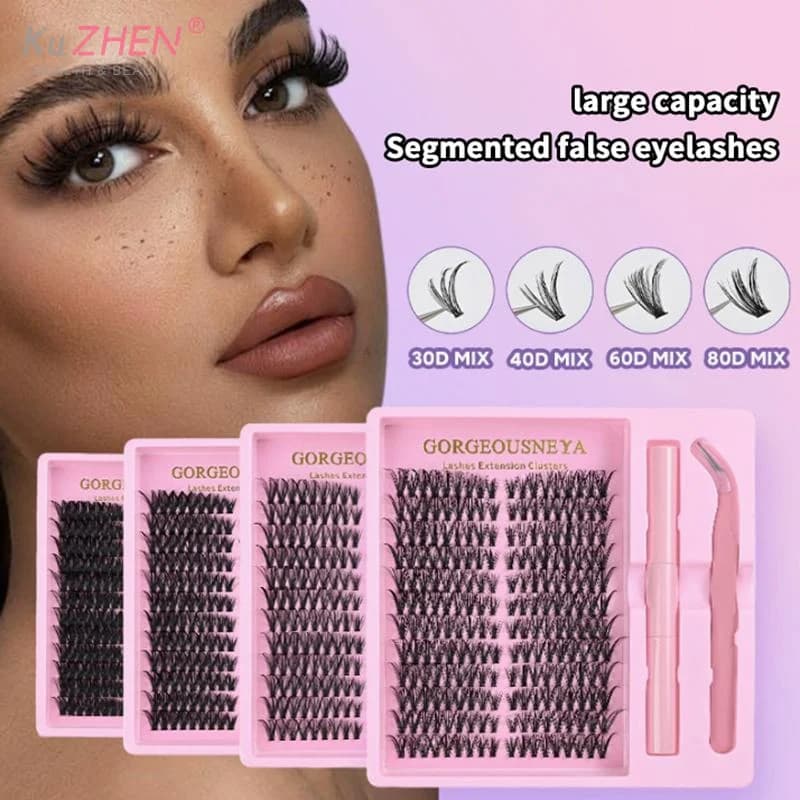Fake 12-file 30D-60D eyelashes, natural feather-effect cuffs, segmented eyelashes, eyelash glue, eyelash extension kit, eyelash graft kit