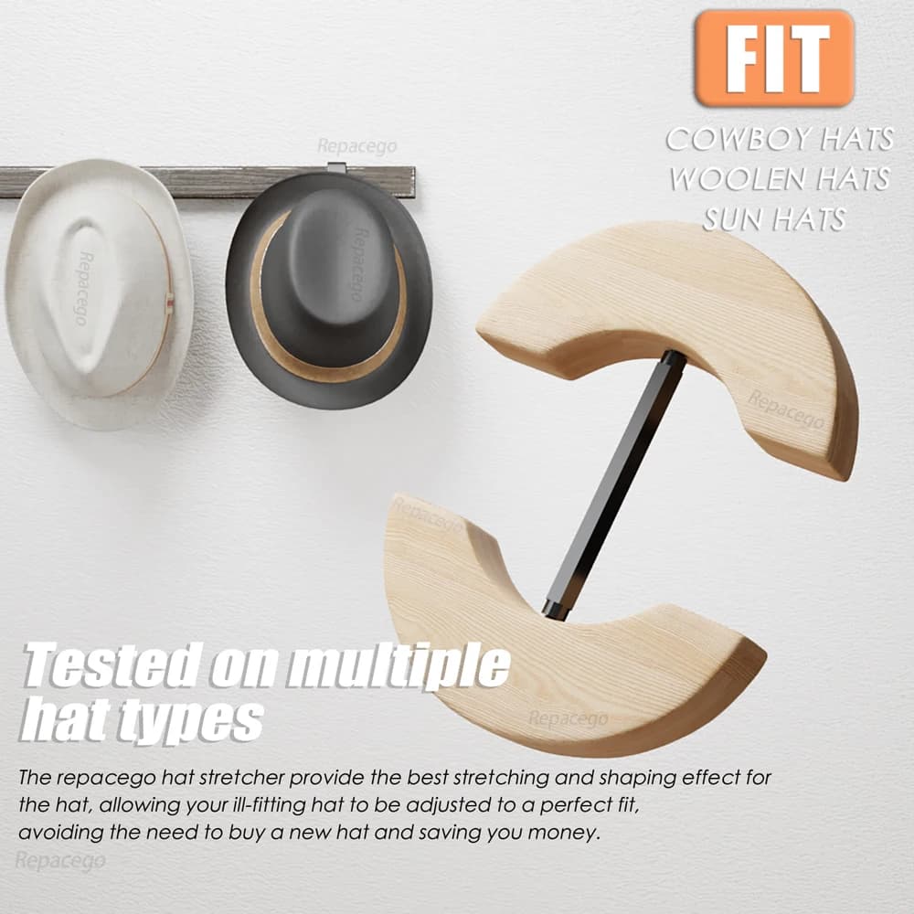 Repacego Adjustable Wooden Hat Stretcher Cap Shape Maintainer Premium Fedora Hat Rack for Storage Cowboy Baseball Hat Holders