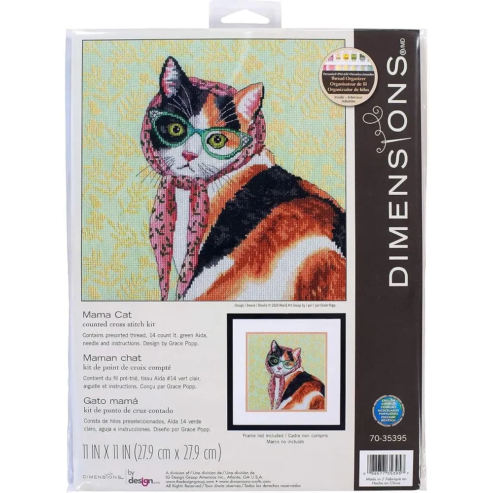 70-35395 Kit per ricamo a punto croce Mama Cat, tessuto Aida verde chiaro da 14 fili, 11'' x 11''