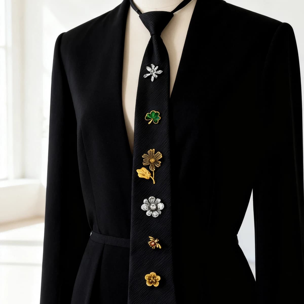 Cravatta autunnale alla moda con fiori e insetti, stile europeo e americano esagerato, stile INS, lusso leggero con elementi multipli.