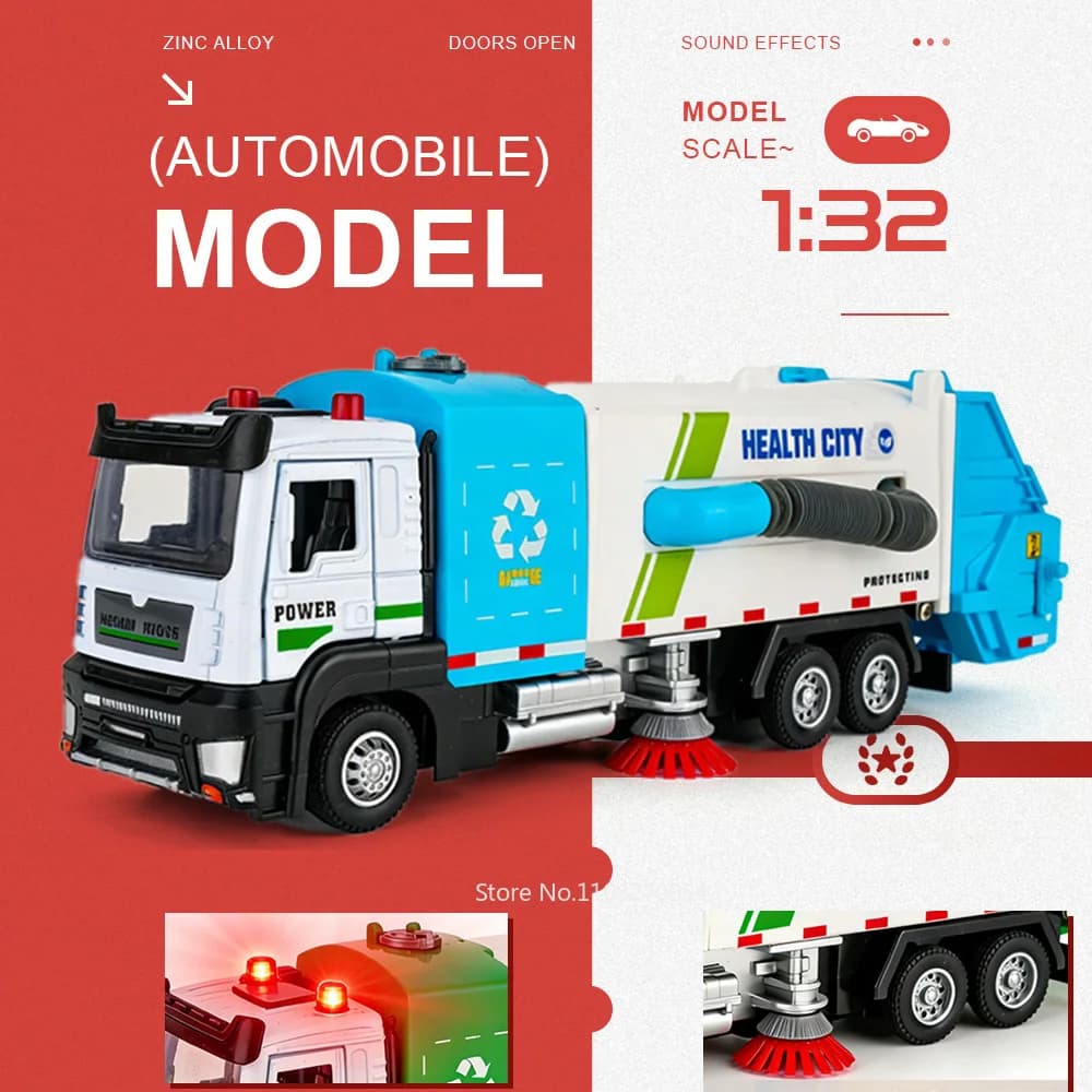 Modellino di Aspirapolvere Elettrico 1:32 in Lega, Giocattolo Die-Cast con Porte Apribili, Suono e Luci, Veicolo da Costruzione a Retrocarica, Regalo per Bambini