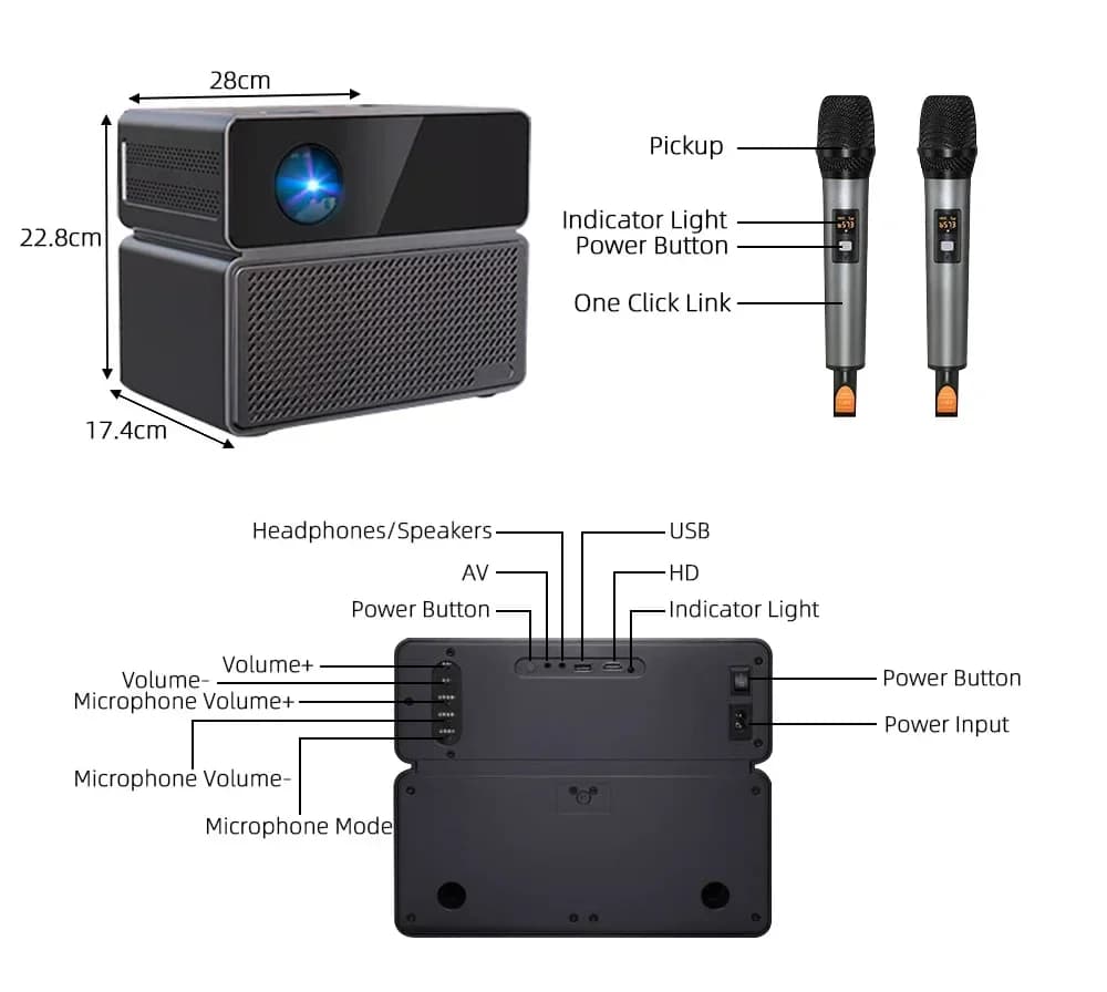 Touyinger E900 Macchina per Karaoke con Proiettore Integrato Full HD Android Mobile WIFI con 2 Microfoni per Home KTV Theater