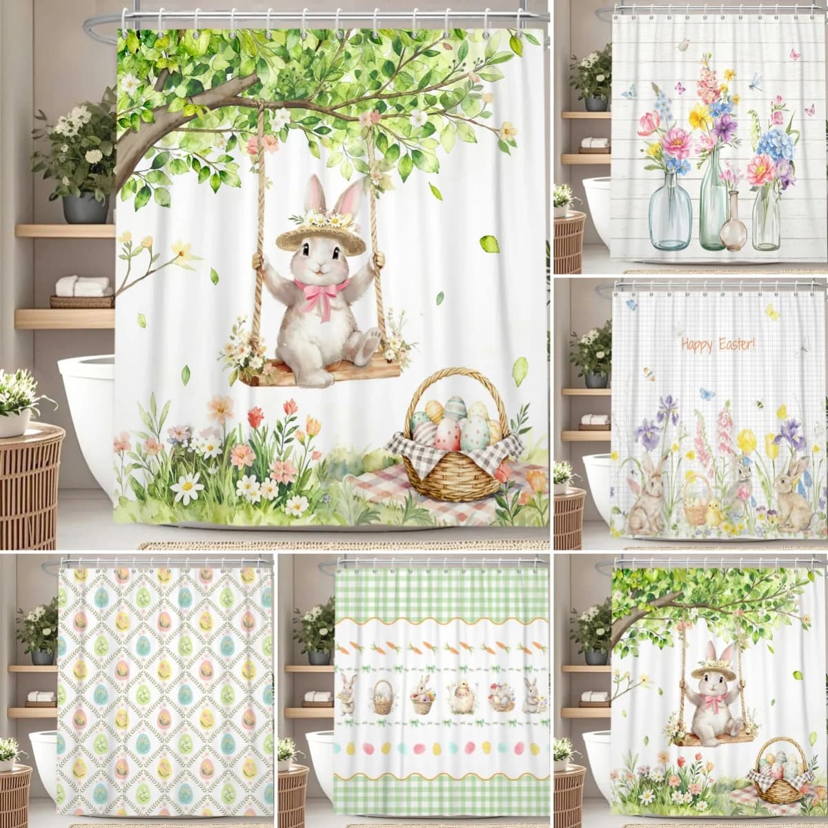 Tenda da Doccia Impermeabile a Tema Pasquale con Coniglietti, Uova di Pasqua, Cesto Floreale, Design ad Acquerello a Quadretti, Decorazione Primaverile per il Bagno