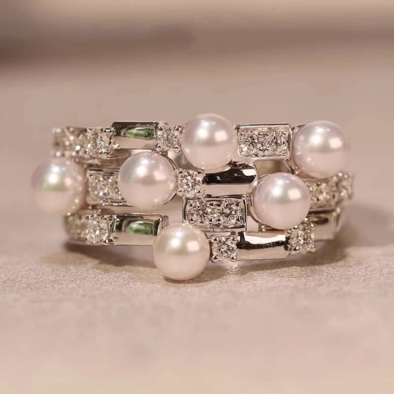 Fashionable Double-layer Imitation Pearl Cubic Synthetic Zirconia Women's Ring Luxury Wedding Accessories Daily Jewelry Wearing