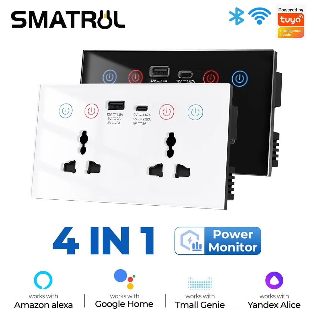 SMATRUL Spina wifi Tuya USB port and type C socket 3A Plug US EU UK Power monitor WiFi 10A wall socket