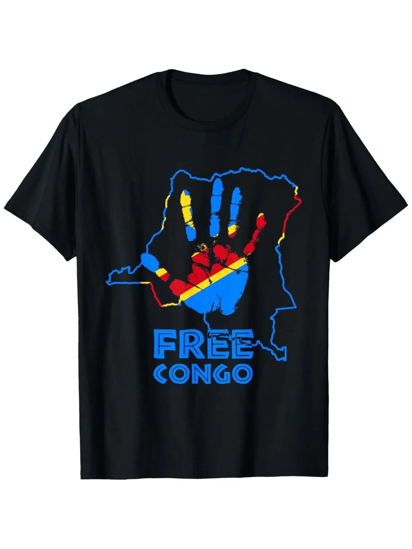 T-shirt grafica da uomo con bandiera della Repubblica Democratica del Congo nera con design vibrante CONGO GRATUITO, morbido tessuto traspirante rotondo