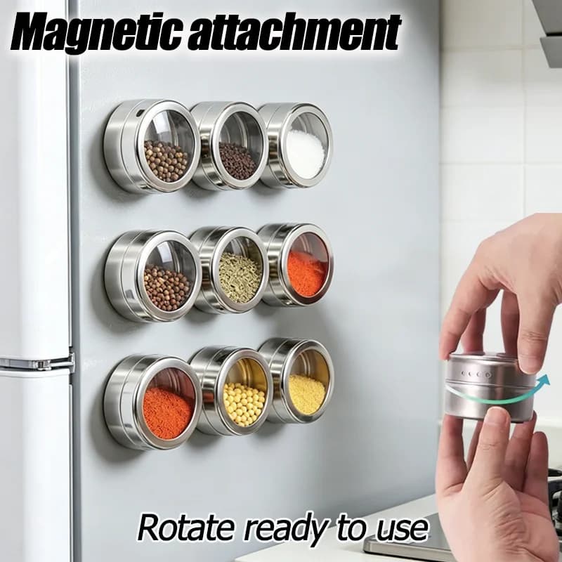 Set di 1/4 Contenitori Magnetici da Parete per Spezie in Acciaio Inox, Barattoli per Condimenti da Cucina, Contenitori per Stoccaggio Domestico