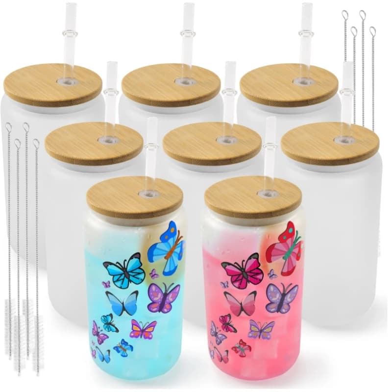 HTVRONT Pack of 8-24 glasses of frosted glass for sublimation with bamboo lid with straws 16 OZ glass for beer, juices, soda, cold coffee