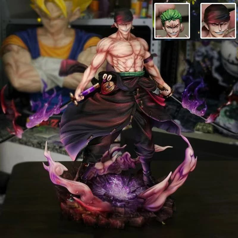 Statuetta di Zoro da One Piece 28cm/11.02 pollici con Base LED e Teste Intercambiabili, Modellino d'Azione in PVC di Roronoa Zoro, Collezione Giocattoli e Regali