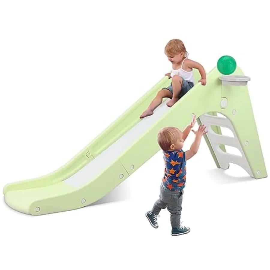 Scivolo per Bambini Pieghevole da Interno con Canestro da Basket e Palla, Pendenza Extra Lunga 63 Pollici, Gradini Antiscivolo, in Plastica Robusta per Esterni