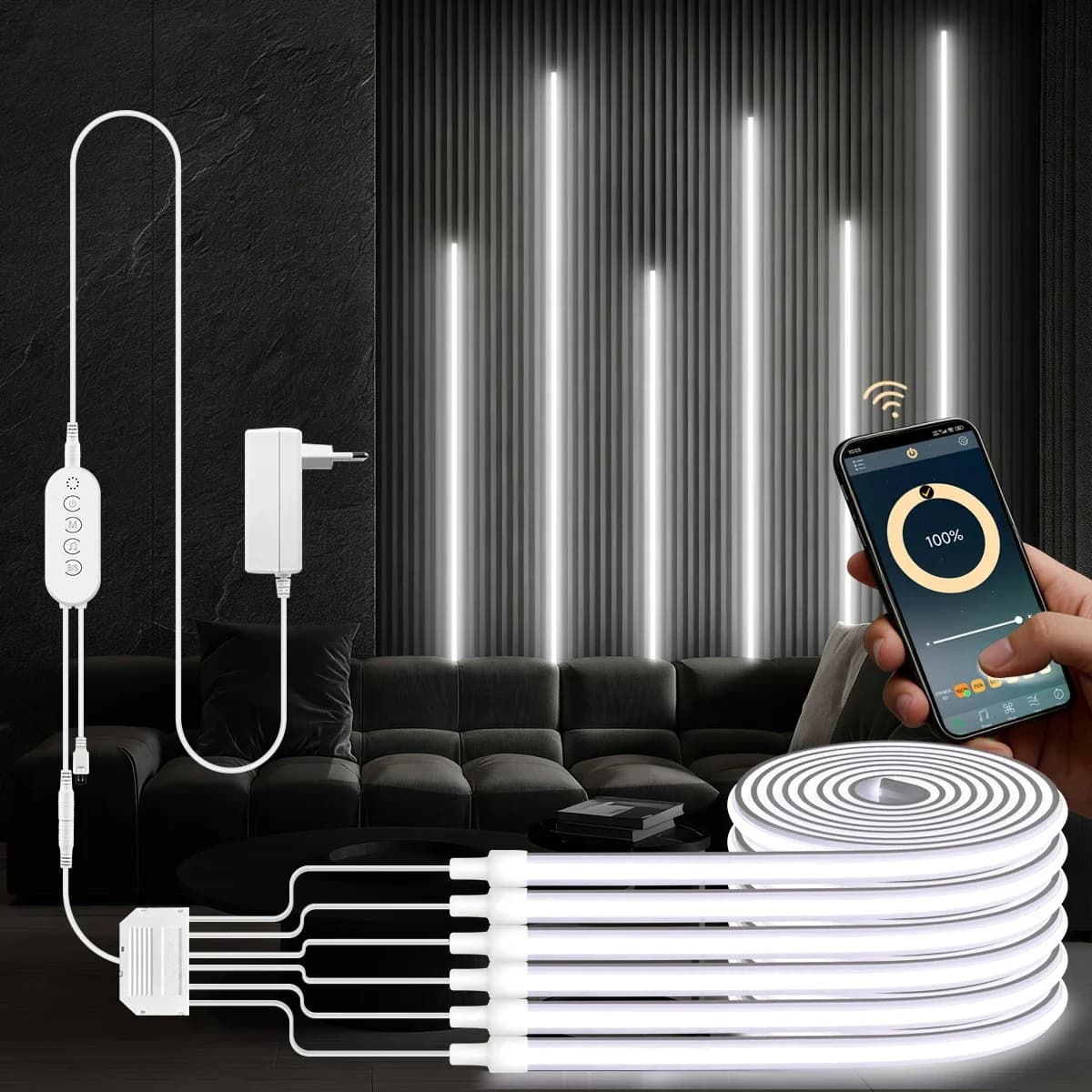 DC24V 2-6PCS COB Neon Rope Light Kit, Bluetooth APP & Remote Control Dimmable Solid Silicone LED Strip Lights for Wall Decor