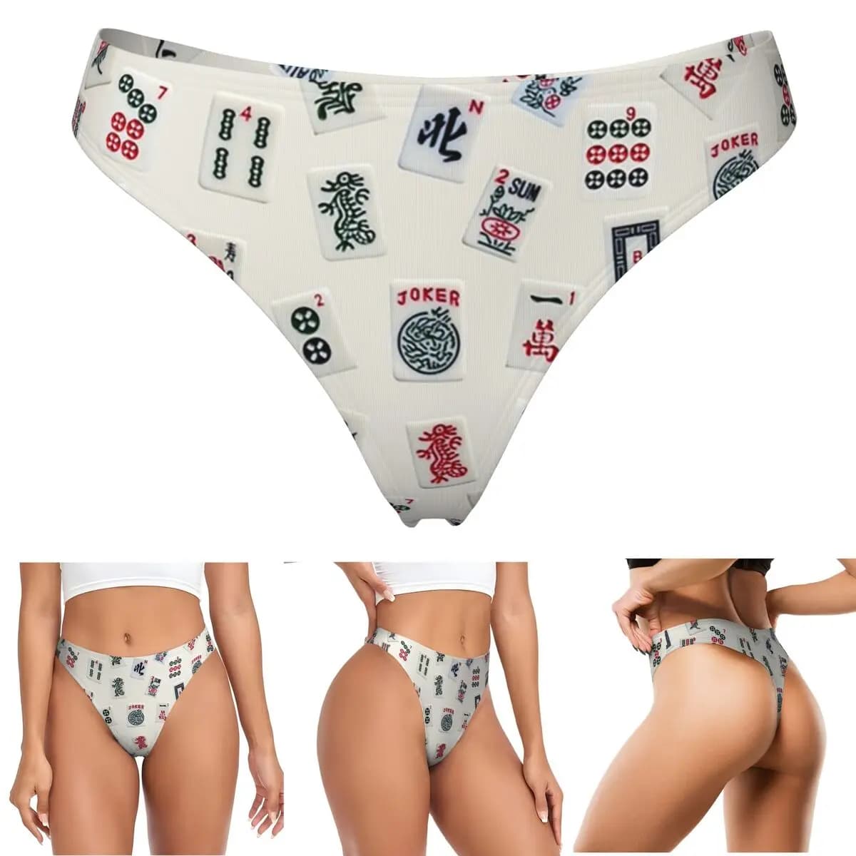 Slip a G-string con design personalizzato a tema Mahjong, traspiranti, elasticizzati, comodi per donna.