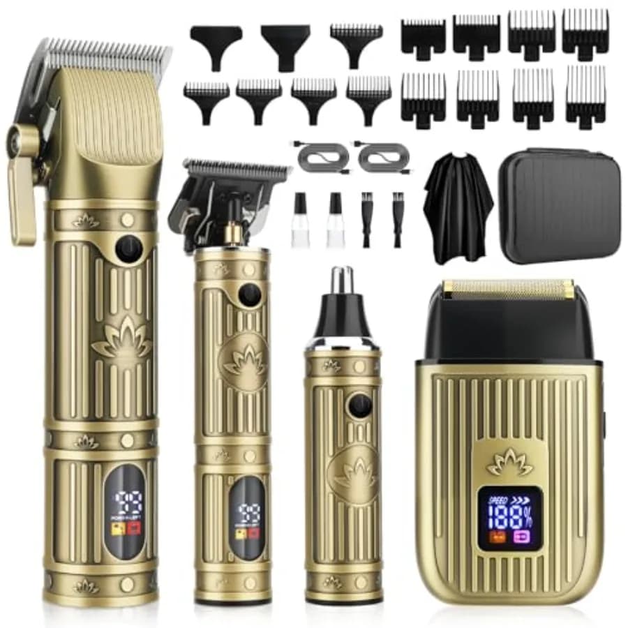 Kit professionale per la cura della persona maschile: tagliacapelli senza fili, regolabarba, rasoio elettrico, tagliacapelli per naso, display LED, acciaio inossidabile.