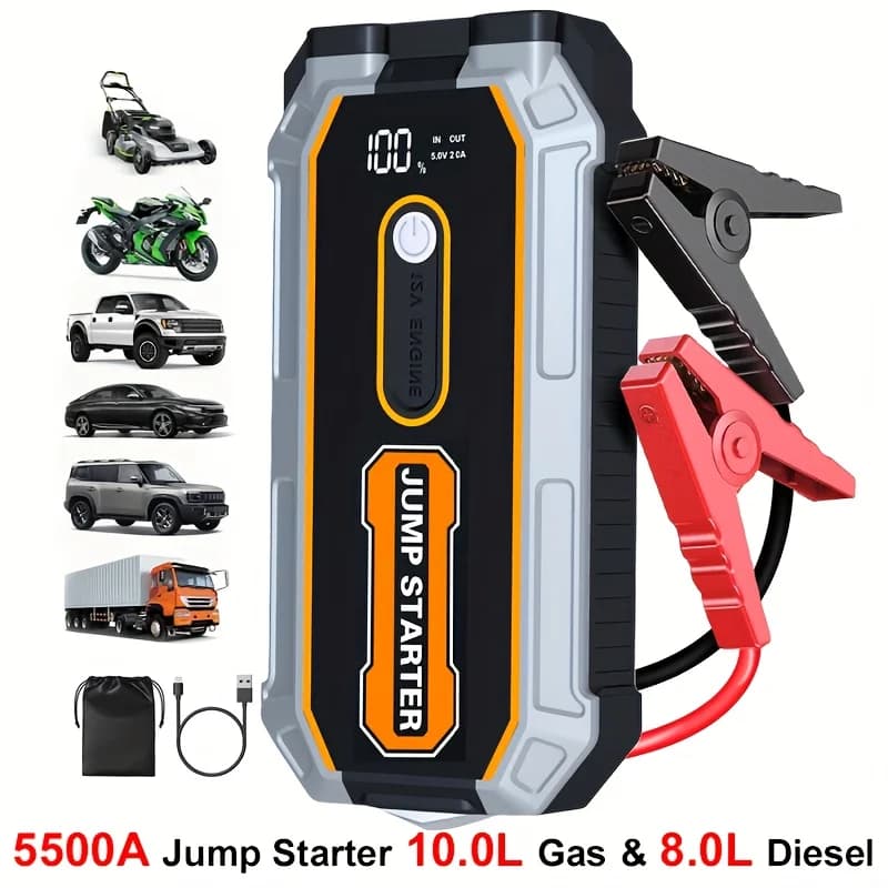 Avviatore di Emergenza ad Alta Potenza 5500A - Batteria agli Ioni di Litio 12V per Auto a Benzina 2.64gal/Diesel 2.11gal, Include Luce LED e Porte USB, Booster di Batteria Portatile con Martello di Sicurezza per Auto