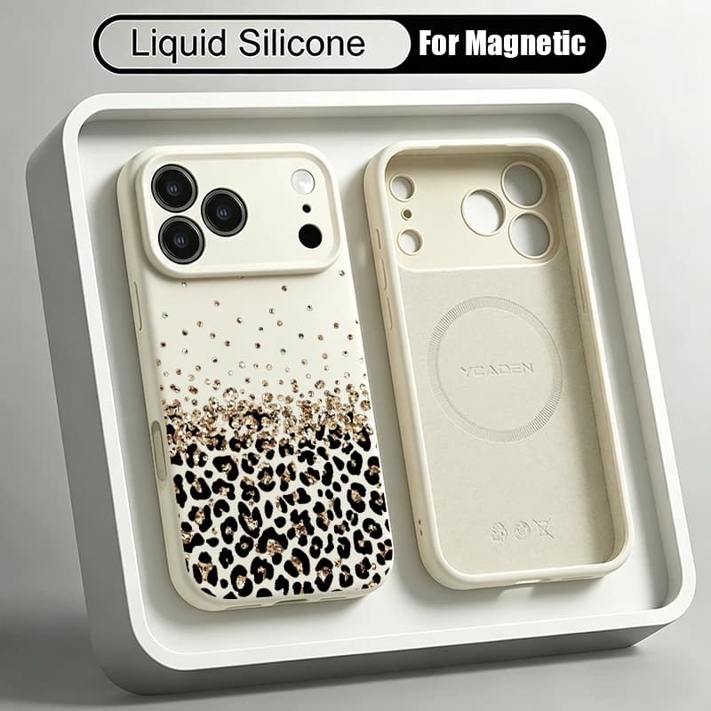 Soft Liquid Silicone Magnetic Case For iPhone 18 17 Pro Max 16 15 14 13 Pro Max For Magsafe Gold Leopard Print TPU Phone Cover