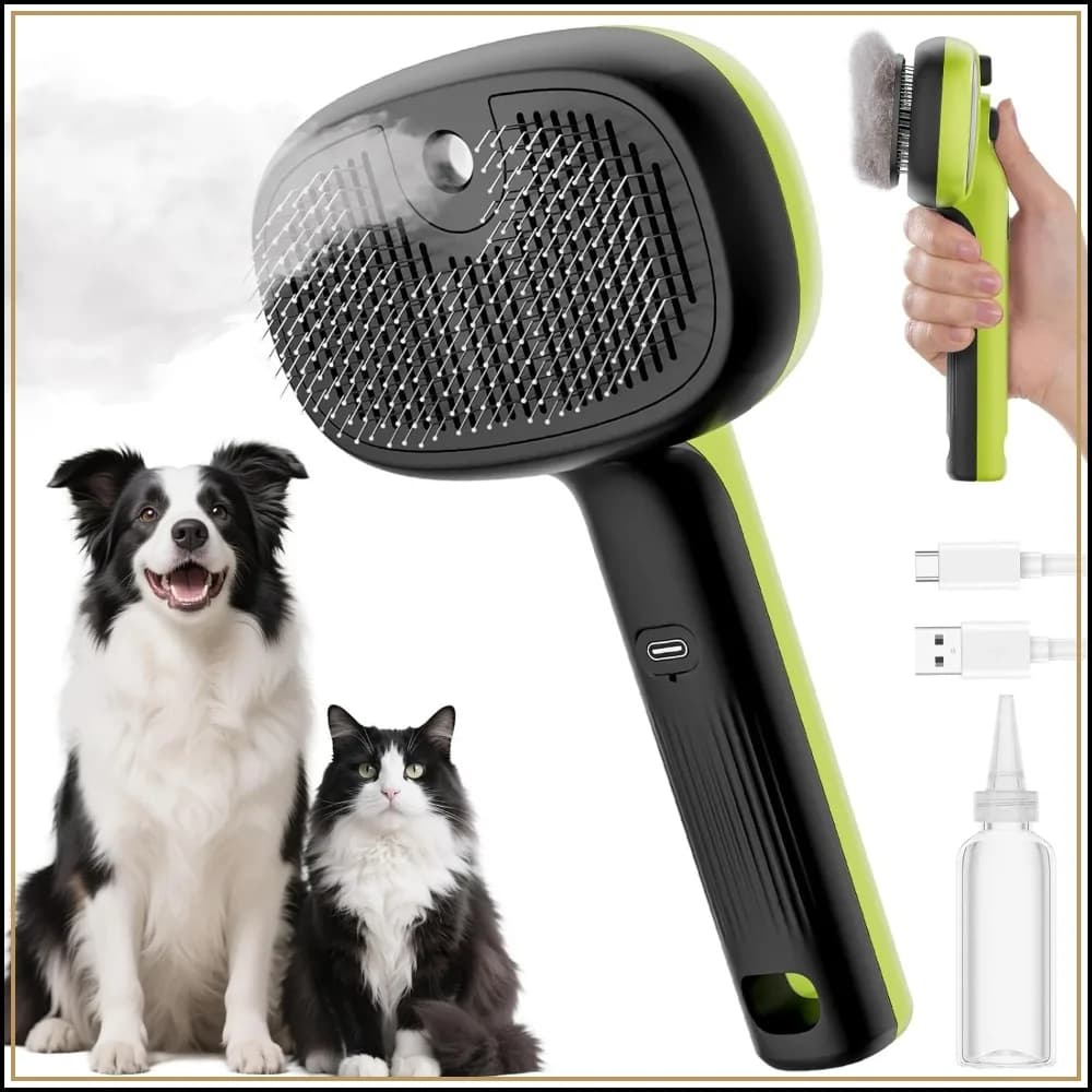 Self-Cleaning Steam Cat Brush with 2 Water Spray Modes, Large Capacity Tank, Steaming Renu Dog Brush for Shedding Massaging Grooming, Cool Mist Only
