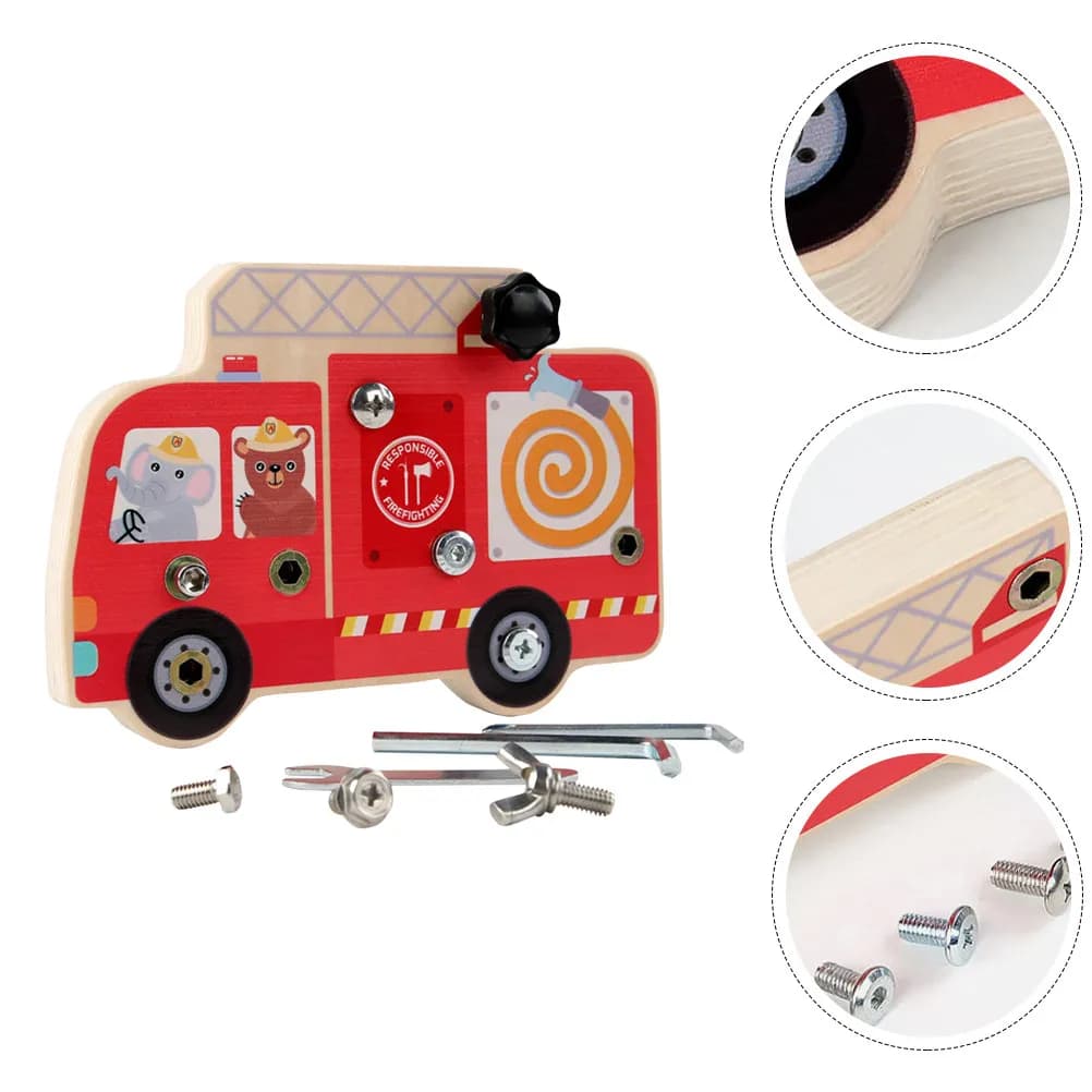 Set di 1 tavola cognitiva con viti e dadi, cacciavite in legno, giocattolo educativo leggero e portatile per l'apprendimento precoce dei bambini, camion dei pompieri