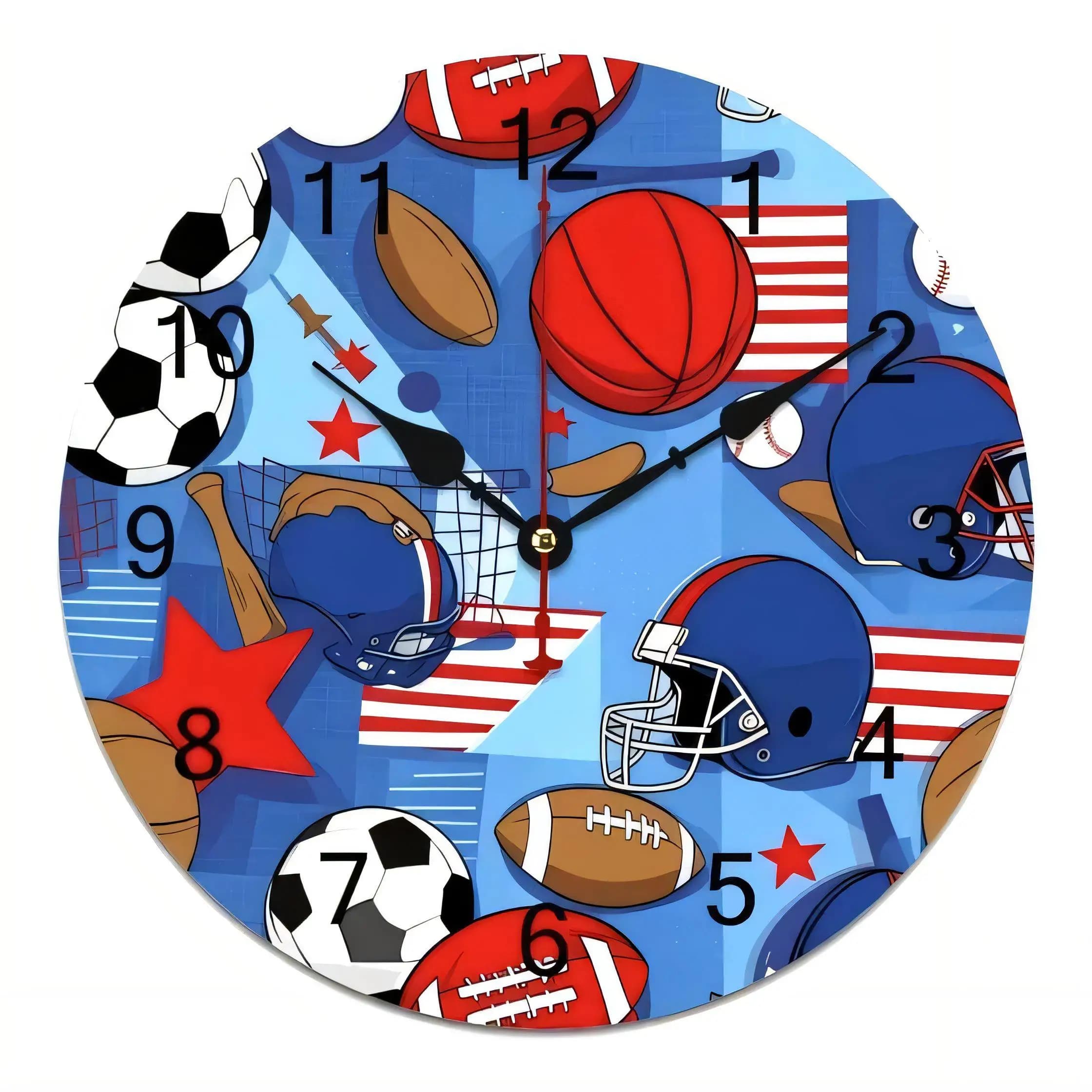 Sports Wall Clock Blue Football Basketball Baseball Decorative Round Timepiece for Home Office Kitchen Living Room