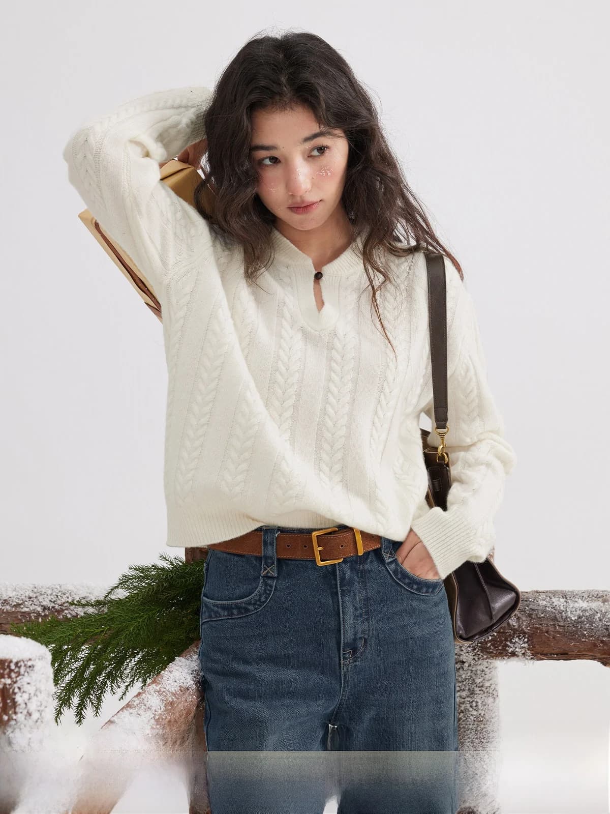 Maglione da Donna Solighter in Lana Lavorato a Maglia con Bottoni, Design a Treccia Floreale, Maniche Lunghe e Girocollo - Collezione Invernale