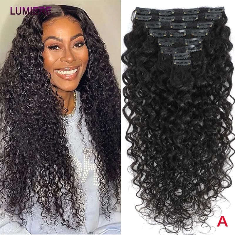 Extension for human hair with clip, deep wave effect, curls, brazilian, 8 pieces/set, natural black color, virgin hair, 24 inch.